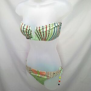 LA Hearts 2 Piece String Bikini With Strapless Bandeau Top. Retro Boho Beaded  L